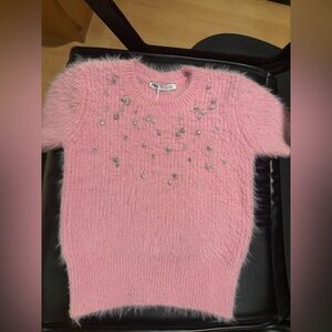 Zara Pink Fuzzy Short-Sleeve Crewneck Sweater with Crystal Embellishments
